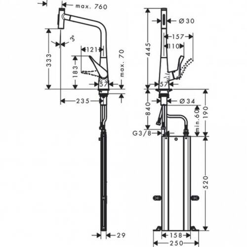 Hansgrohe Metris M71 Eviye Bataryası Çekilebilir Gaga 2 Akışlı ,sBox 73816000 - 2