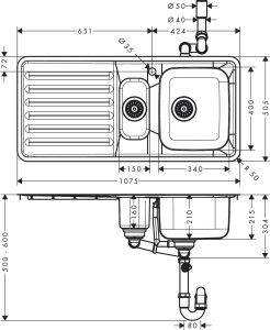 Hansgrohe S4111-F540 Ankastre Eviye 340/150/400 Damlalıklı Paslanmaz Çelik 43342800 - 2