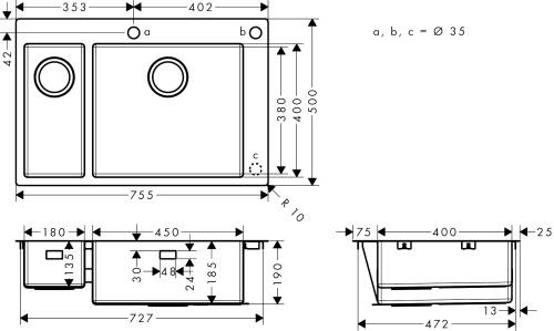 Hansgrohe S712-F655 Tezgah Üstü Eviye 180x450 Paslanmaz Çelik 43310800 - 2