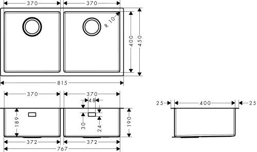 Hansgrohe S719-U765 Tezgah Altı Eviye 370x370 Paslanmaz Çelik 43430800 - 2