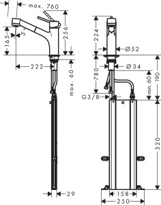 Hansgrohe Talis M52 Eviye Bataryası Çekilebilir Gaga 2 Akışlı, sBox Paslanmaz Çelik 73860800 - 2